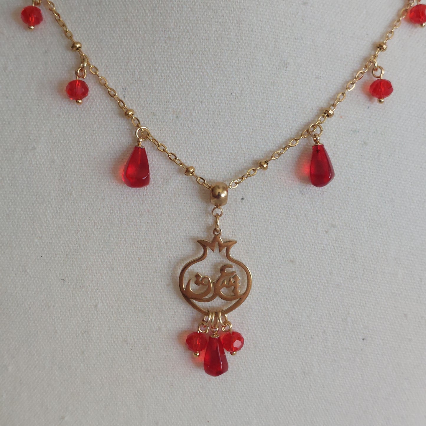 Farsi pomegranate glass seeds drop earrings and necklace  gold plated stainless  steel hypoallergenic jewelry