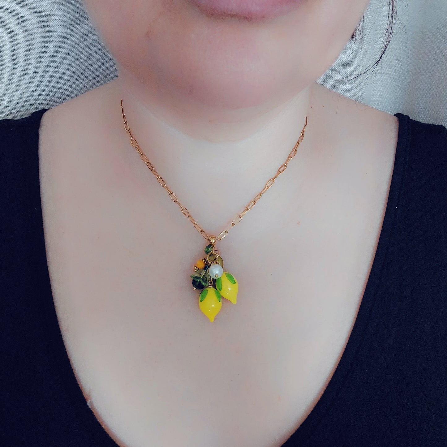 Hand Made Glass Lemon Necklace with Gold Hardware