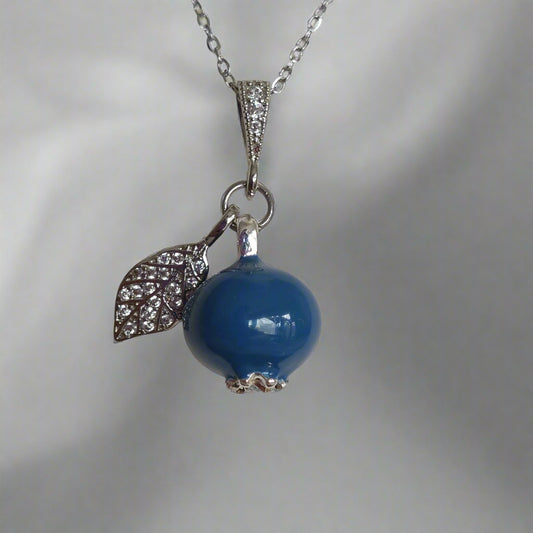 Handmade Enamel Blueberry Pendant Necklace with Crystal Leaf, Silver Chain, Blue