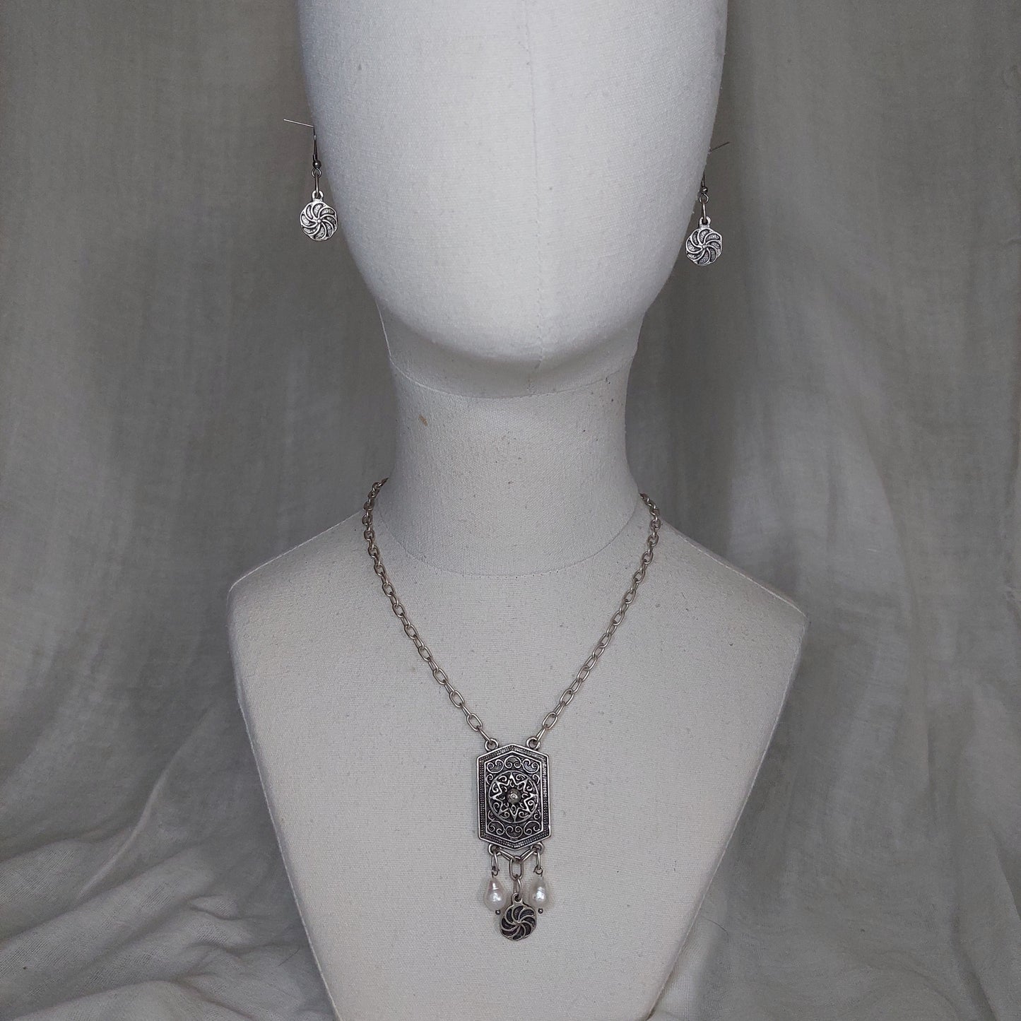 "Shield" Antique Silver Armenian Jewelry Set with Natural Pearls and Eternity Symbol