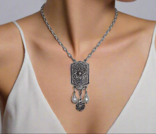 "Shield" Antique Silver Armenian Jewelry Set with Natural Pearls and Eternity Symbol