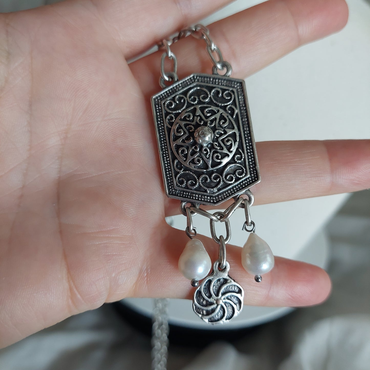 "Shield" Antique Silver Armenian Jewelry Set with Natural Pearls and Eternity Symbol