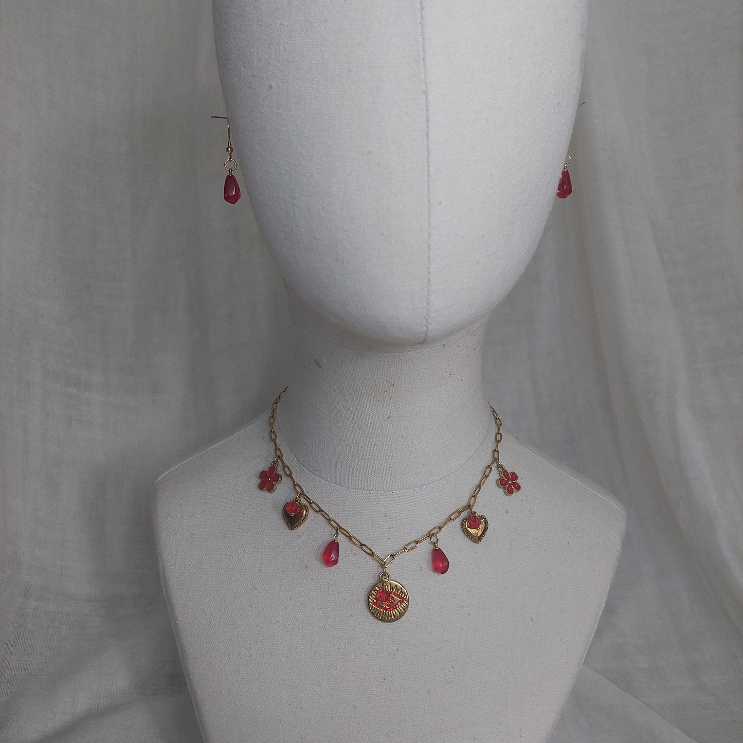 Handmade Evil Eyes Charm Pomegranate floral necklace with earrings