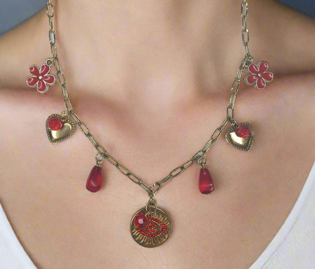 Handmade Evil Eyes Charm Pomegranate floral necklace with earrings