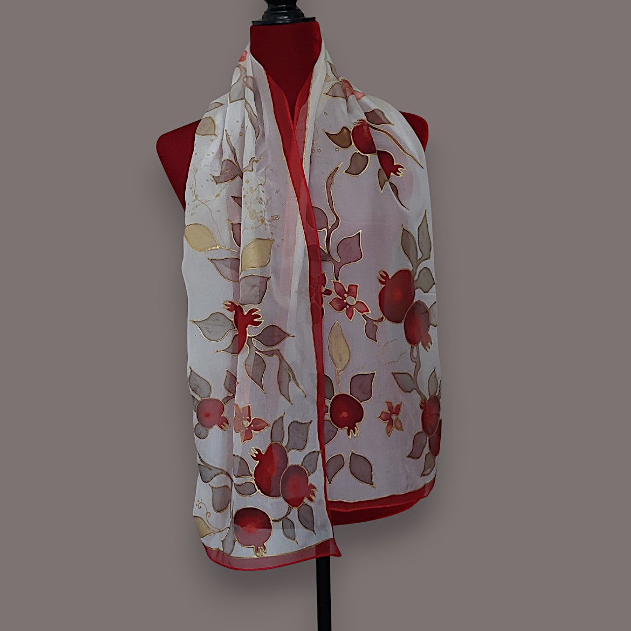 Hand painted pomegranate silk scarf