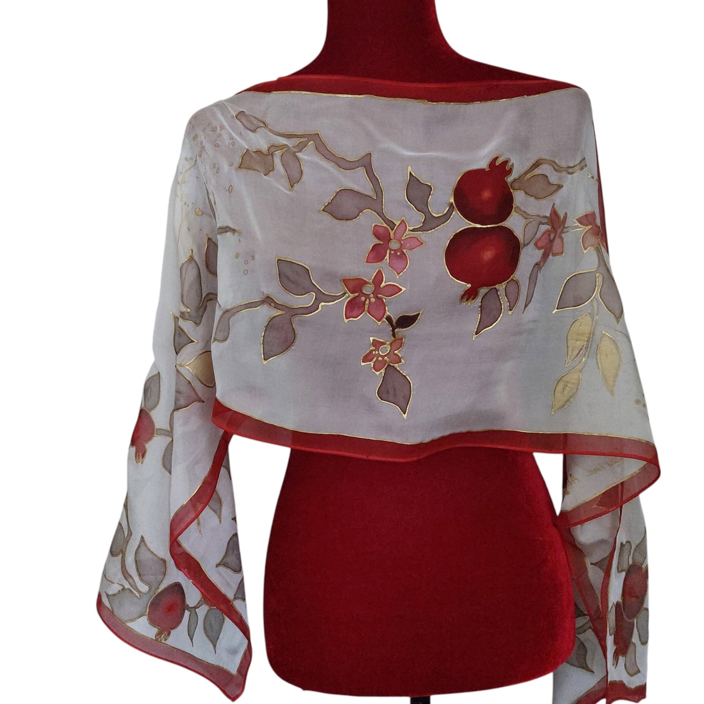 Hand painted pomegranate silk scarf