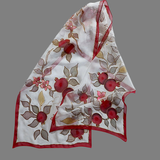 Hand painted pomegranate silk scarf