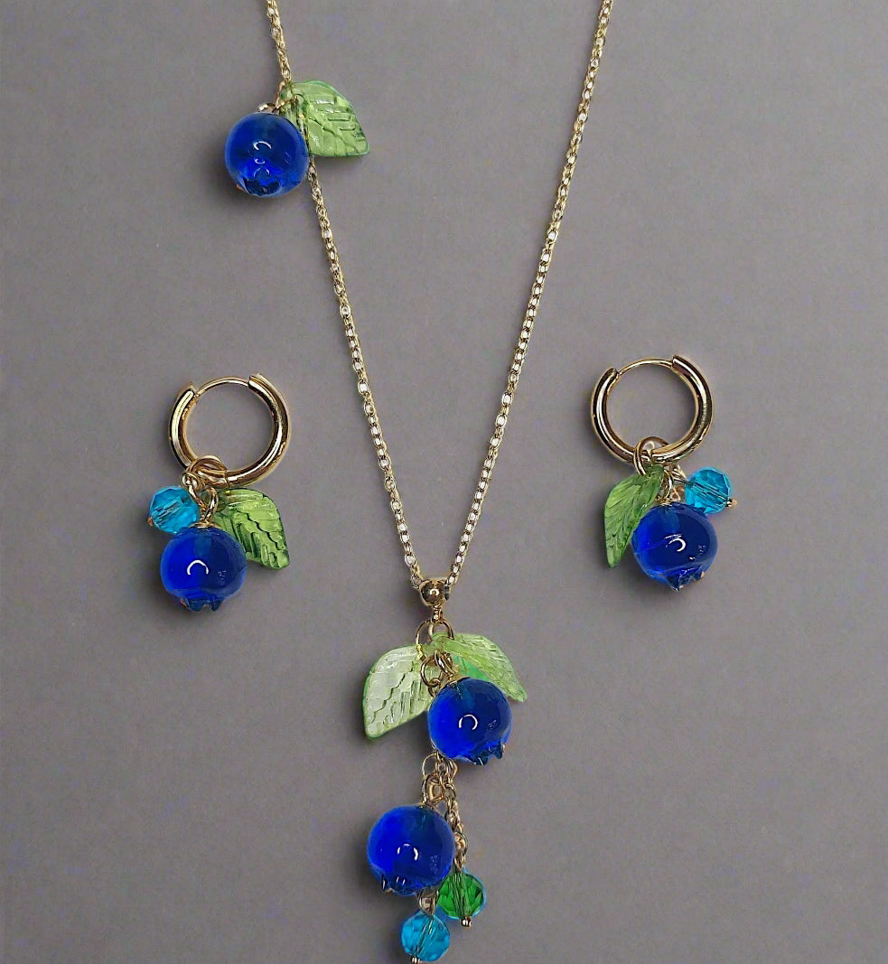 Handmade Fruit Jewelry Set, 18K Gold Plated Necklace and Earrings, Blueberry