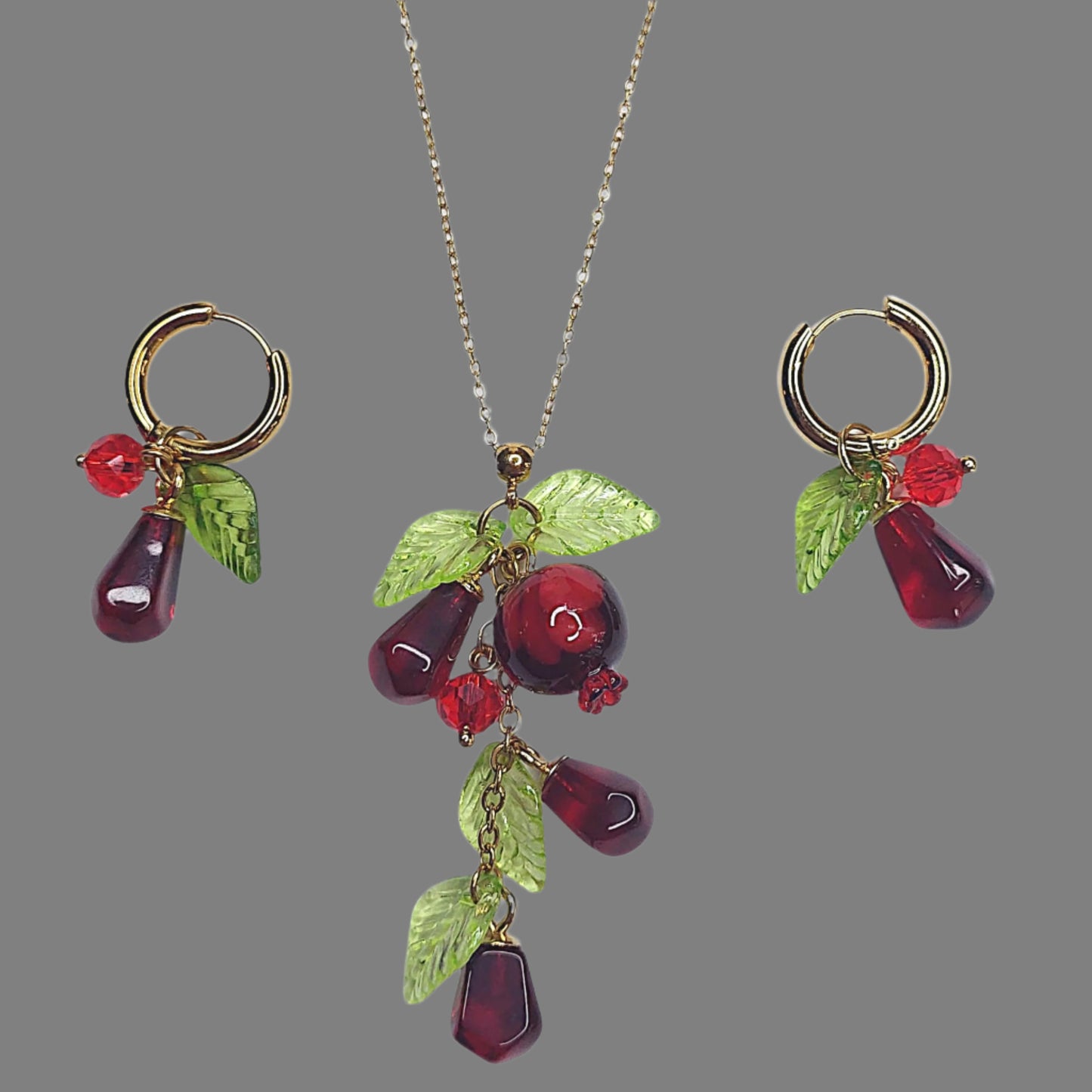 Handmade Fruit Jewelry Set, 18K Gold Plated Necklace and Earrings, Pomegranates