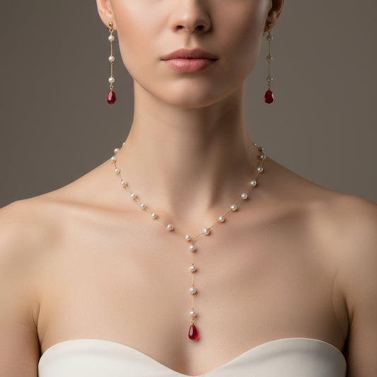 Mannequin wearing a pearl necklace with red beads on a plain background