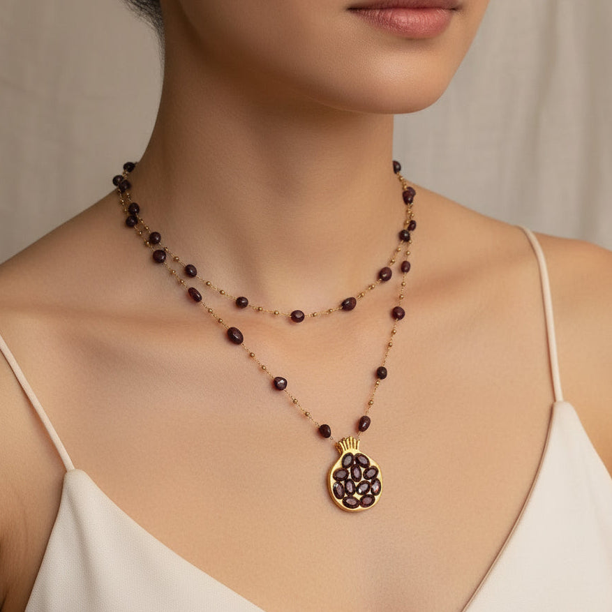 18K gold plated layered pomegranate pendant necklace with AAA grade natural garnet