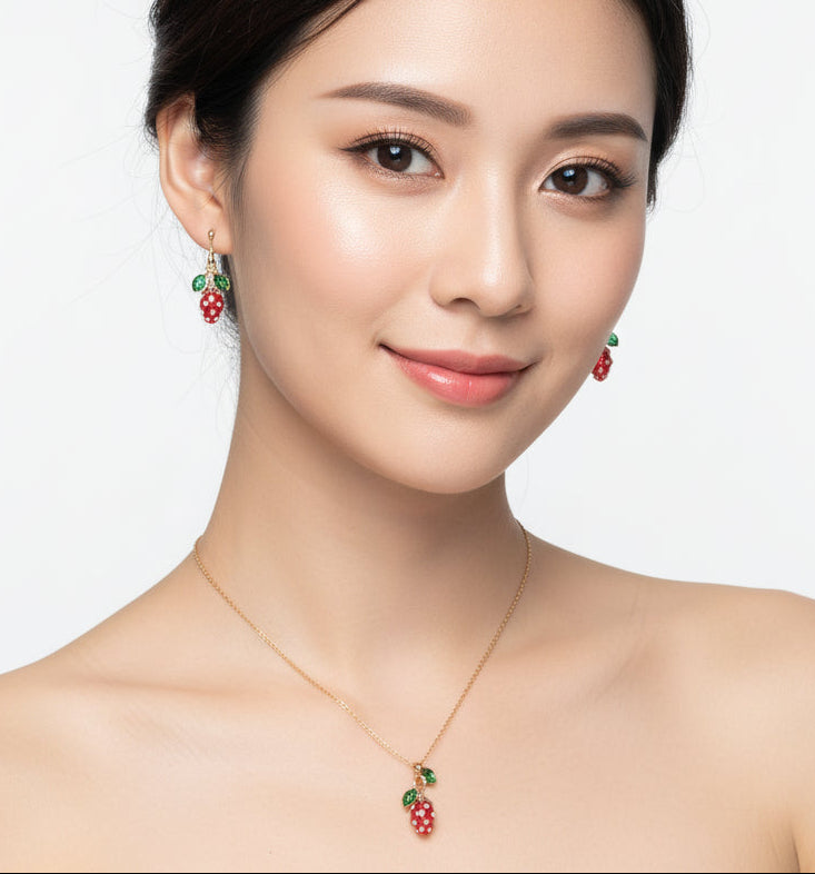 Handmade Enamel Stainless Steel Hypoallergenic Jewelry Set Strawberry Jewelry