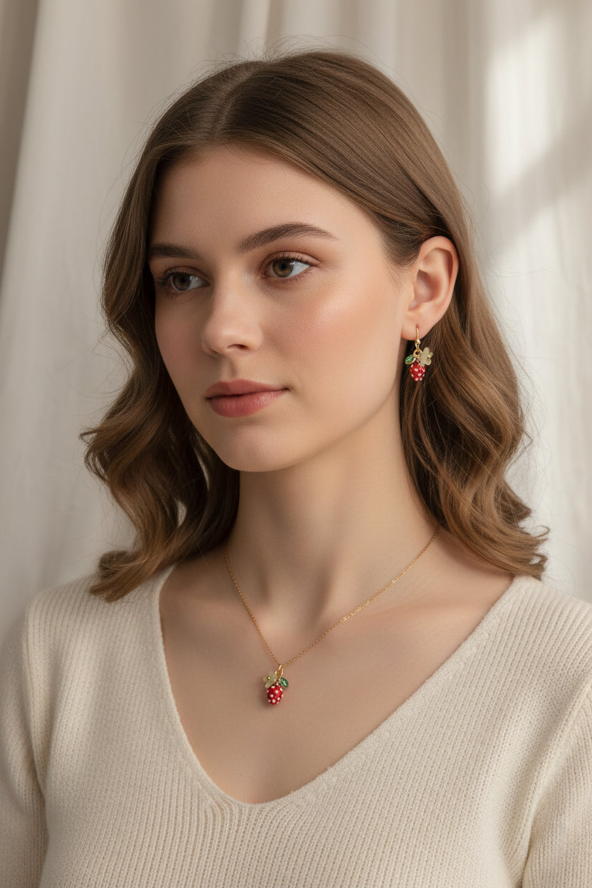 Handmade Enamel Stainless Steel Hypoallergenic Jewelry Set Strawberry Jewelry