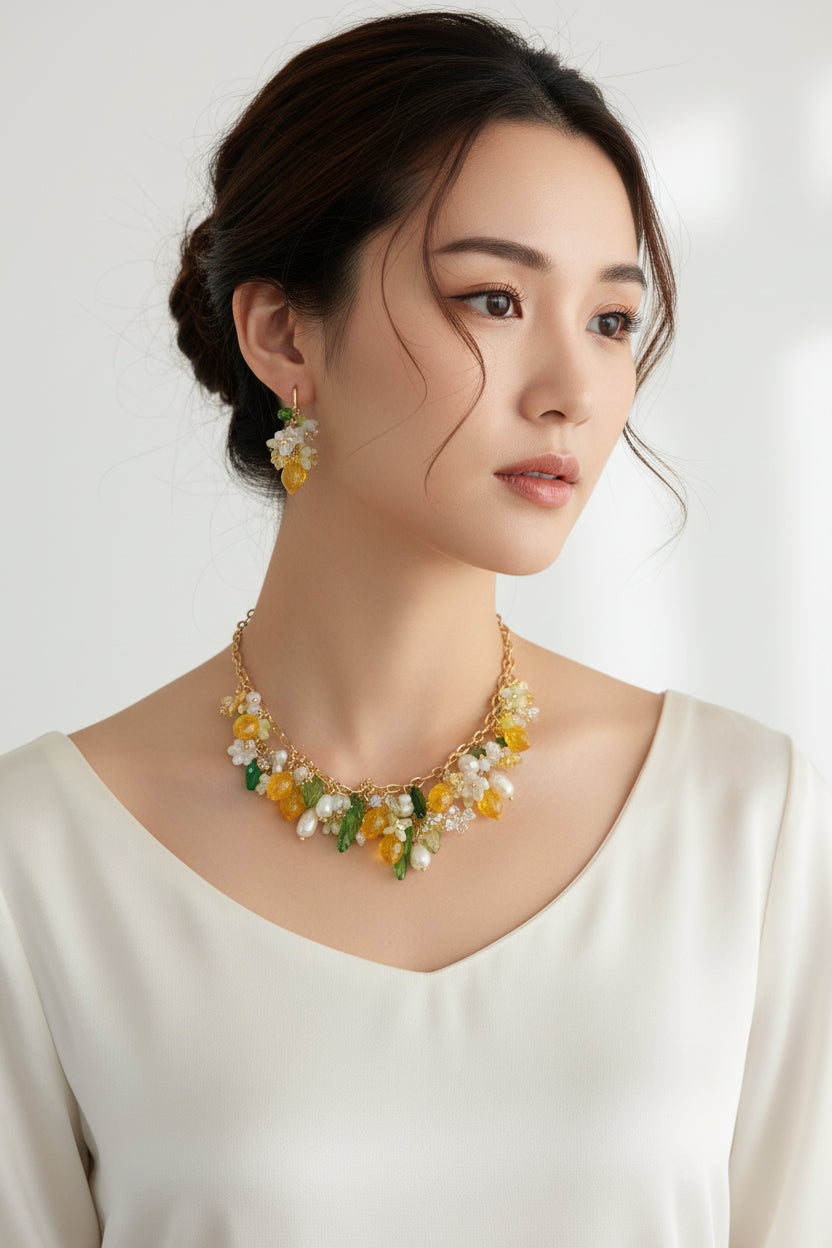 Handmade Fruit Jewelry Set, 18K Gold Plated Necklace and Earrings, Lemons with natural pearls glass and resin beads