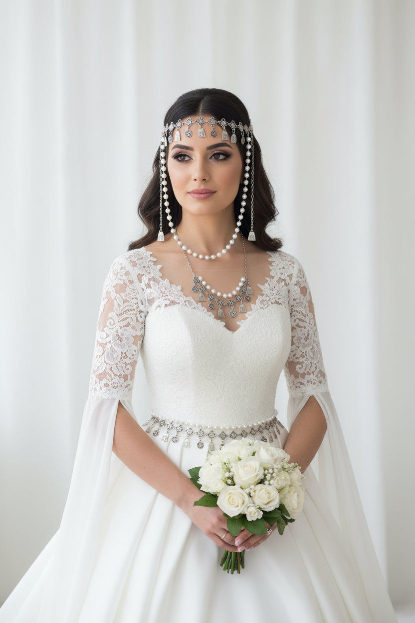 Armenian traditional headpiece with necklace and belt for wedding