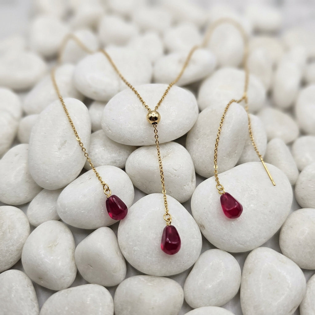 18K gold plated stainless steel, hypoallergic non tarnish jewelry Pomegranate Glass seed Necklace and Earrings