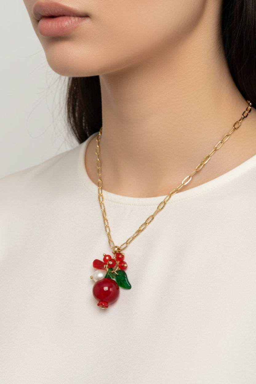 Hand Made Glass Pomegranate pendant necklace with Natural Pearl