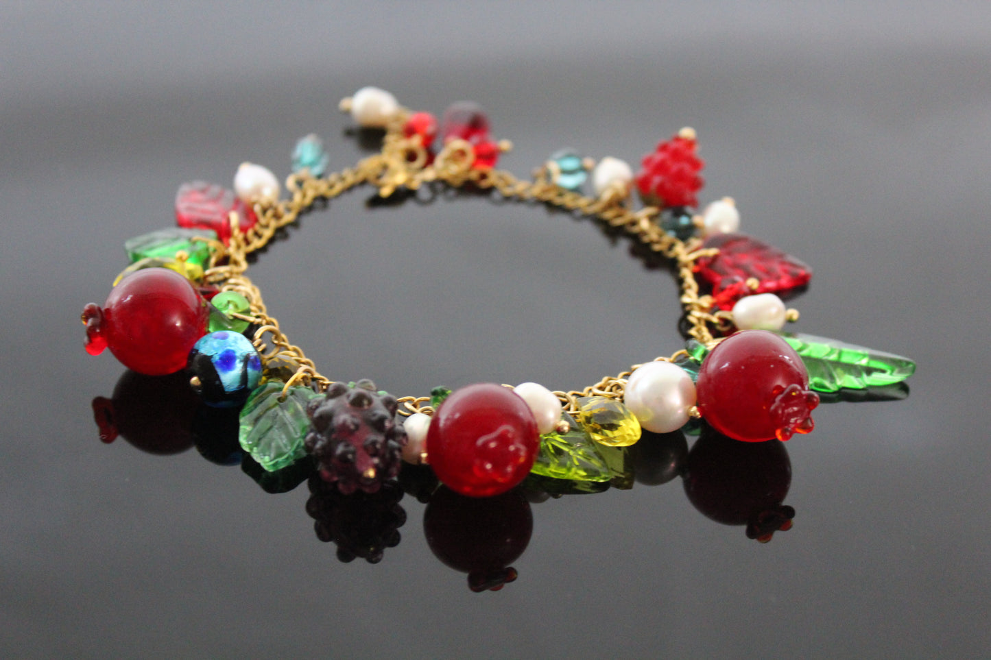 Glass charms, adjustable up to 9 in  gold  plated stainless steel pomegranate bracelet