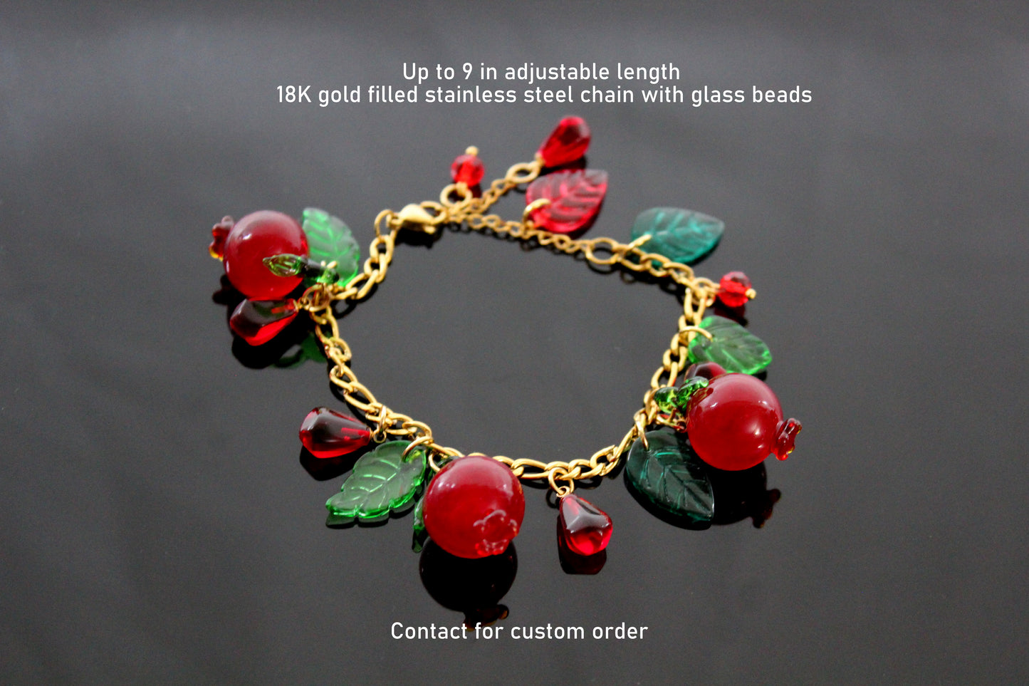 Glass charms, adjustable up to 9 in  gold  plated stainless steel pomegranate bracelet