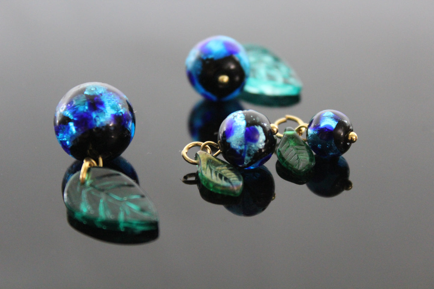 Murano Glass Blueberry charms for jewelry making with silver and gold hooks and glass leaves
