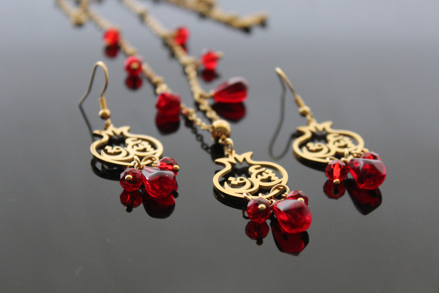 Farsi pomegranate glass seeds drop earrings and necklace  gold plated stainless  steel hypoallergenic jewelry