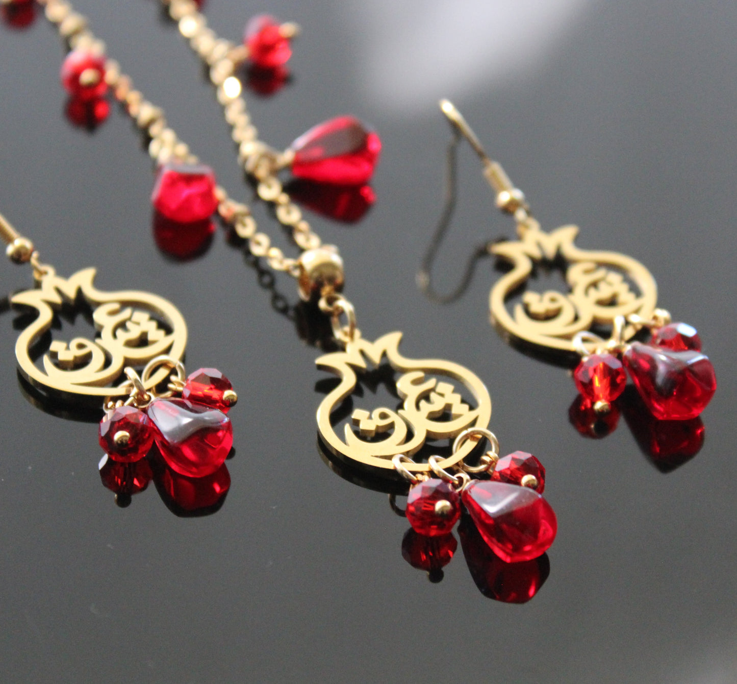 Farsi pomegranate glass seeds drop earrings and necklace  gold plated stainless  steel hypoallergenic jewelry