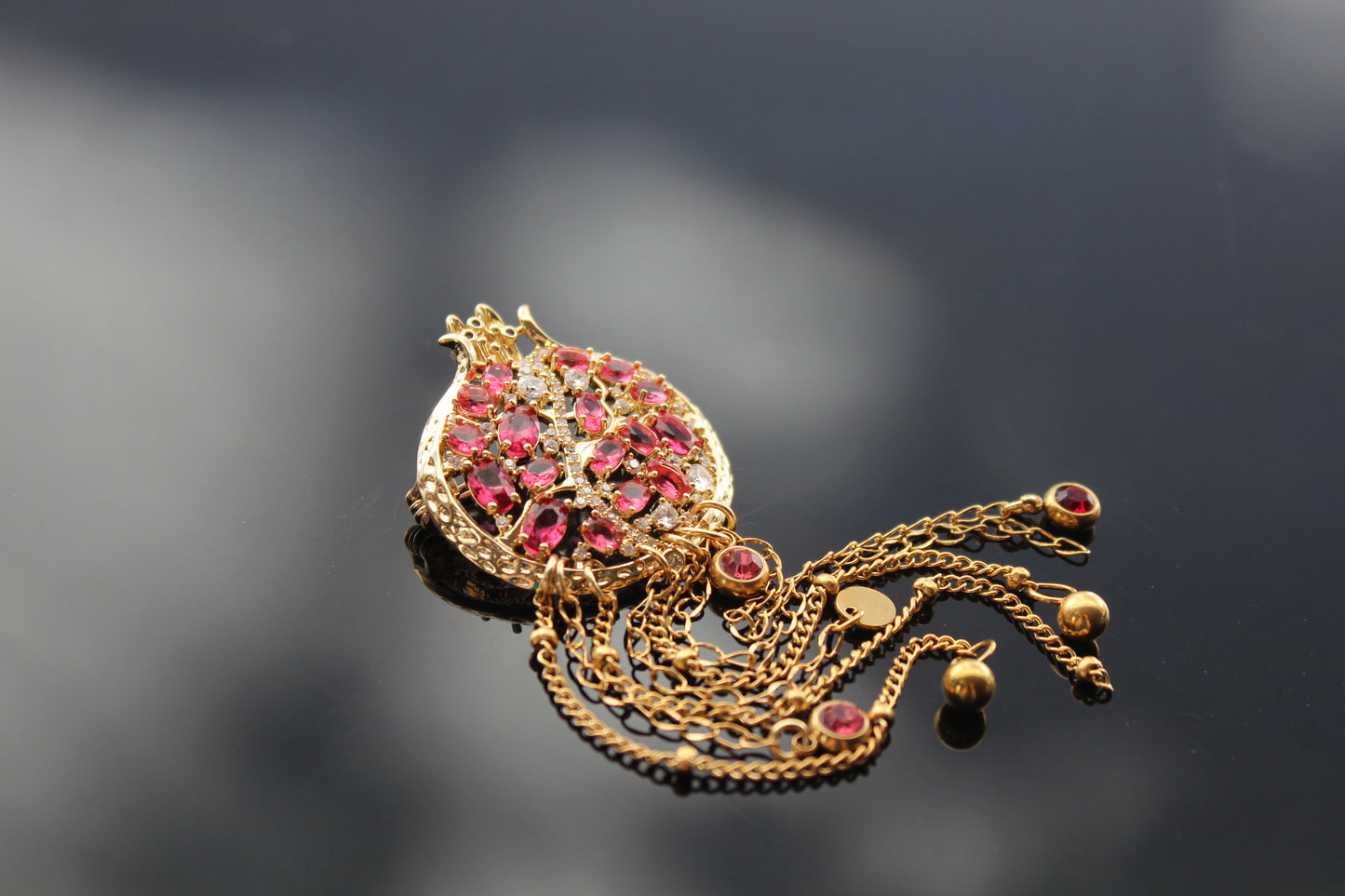 Handmade 14K gold plated Pomegranate brooch with zircons and glass beads