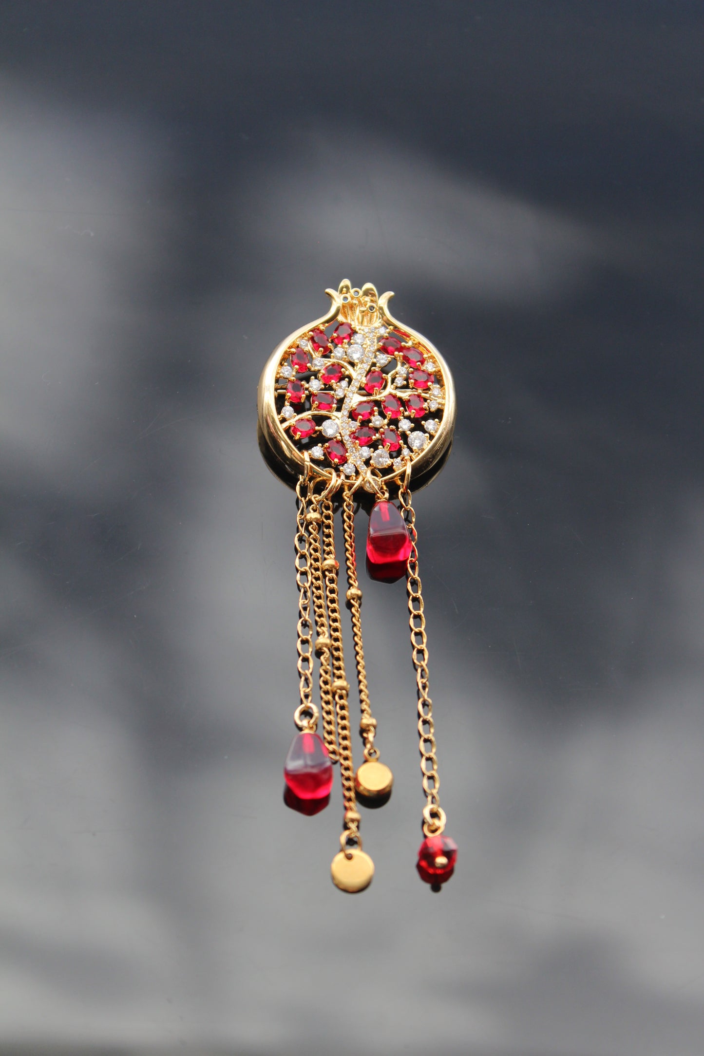 Handmade 14K gold plated Pomegranate brooch with zircons and glass beads