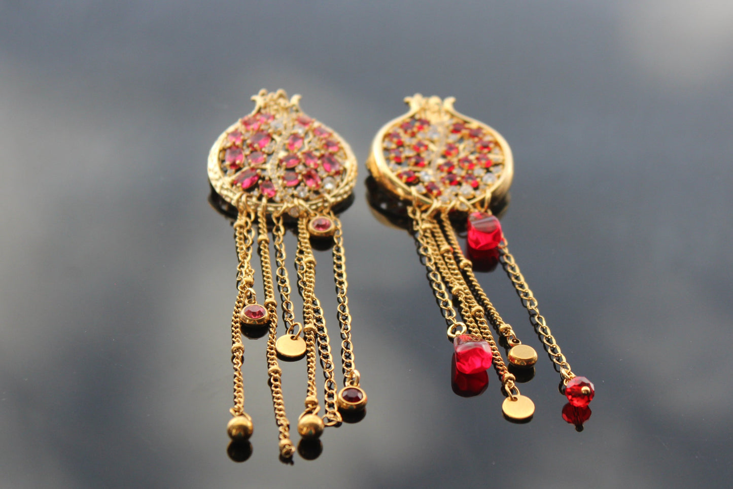 Handmade 14K gold plated Pomegranate brooch with zircons and glass beads