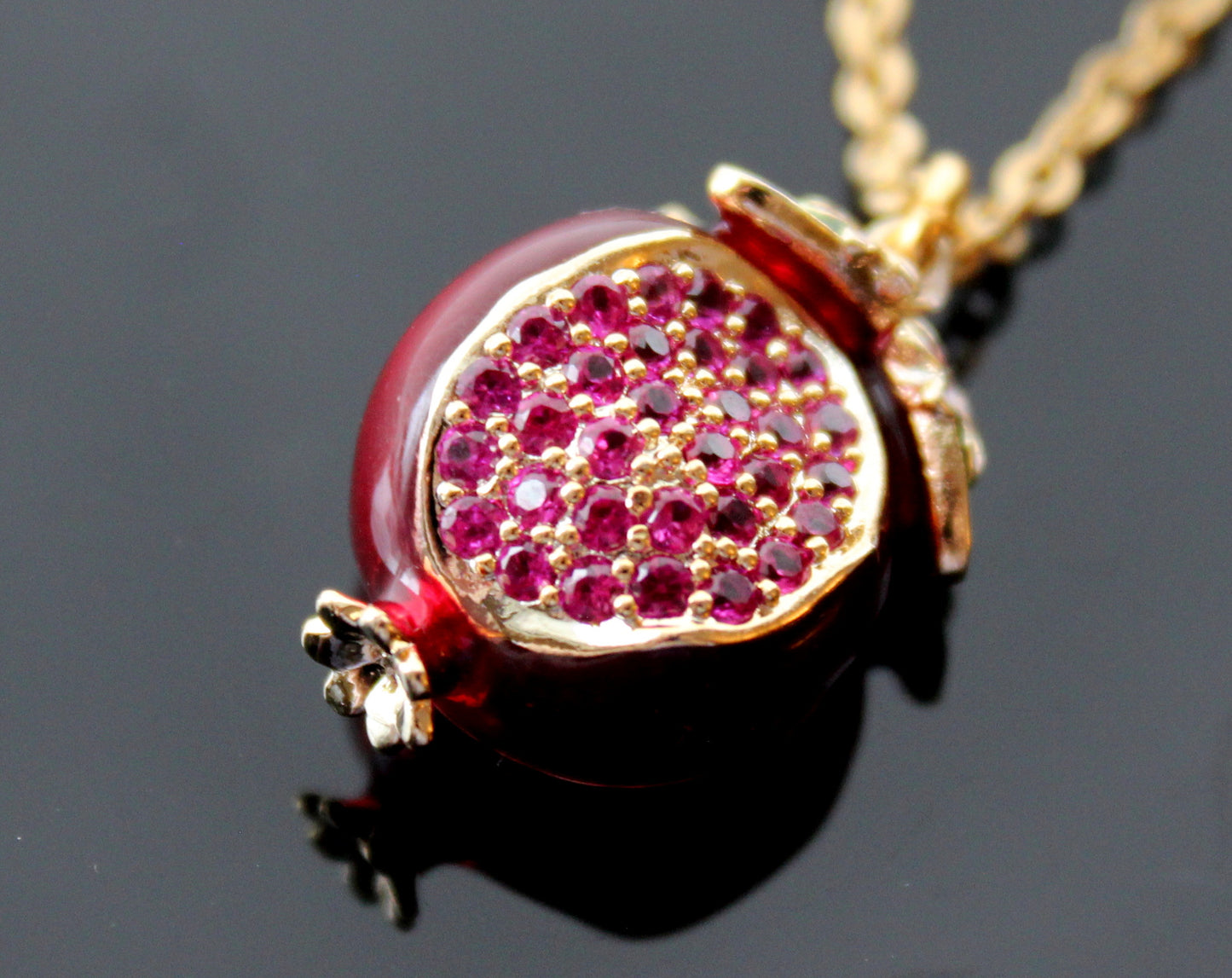 Double  layered necklace pomegranate pendant with cute flower
