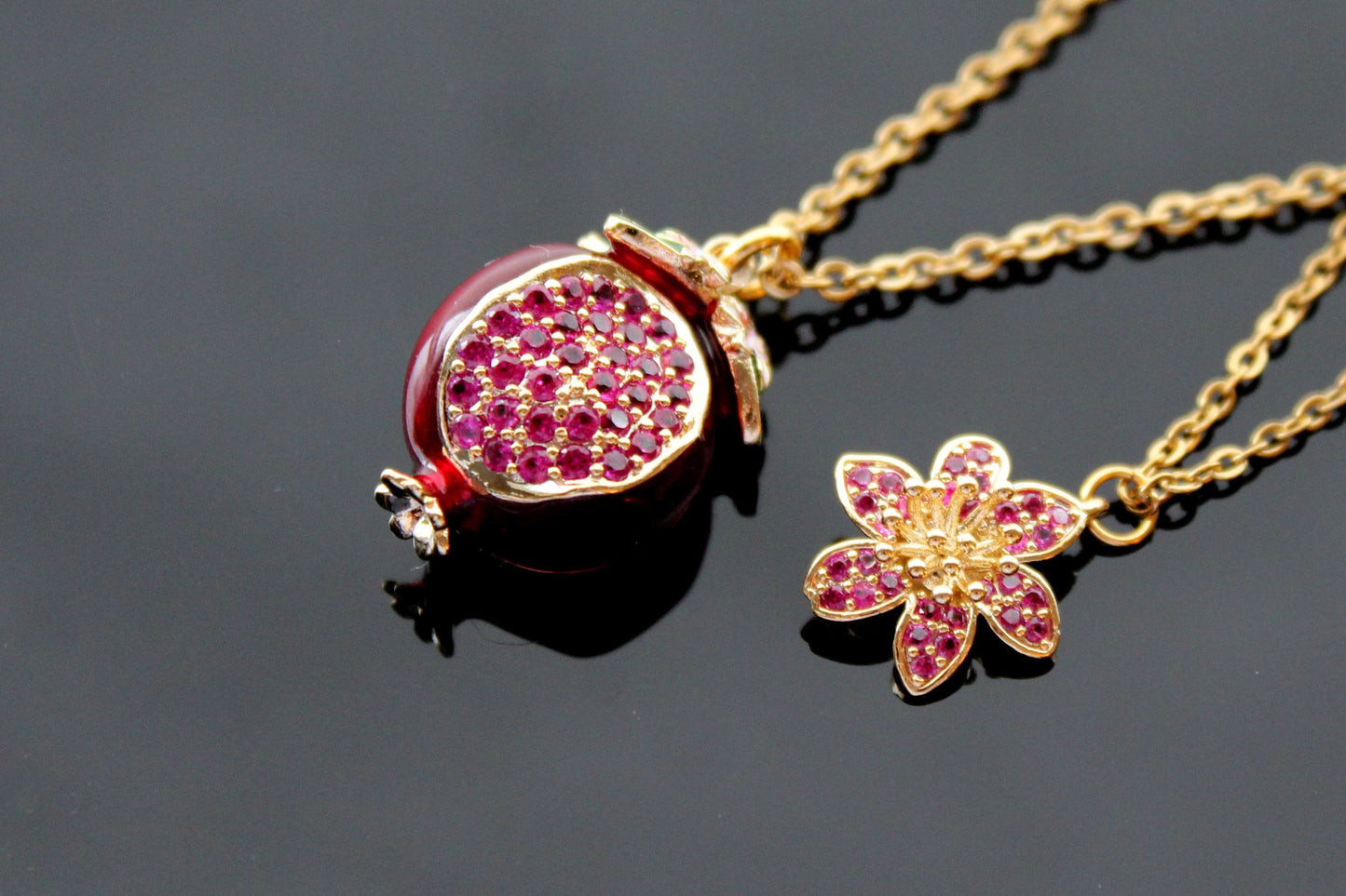 Double  layered necklace pomegranate pendant with cute flower