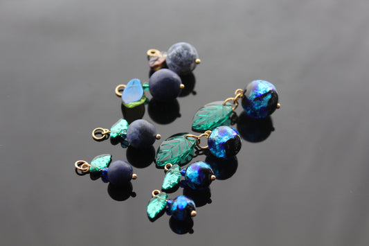 Murano Glass Blueberry charms for jewelry making with silver and gold hooks and glass leaves