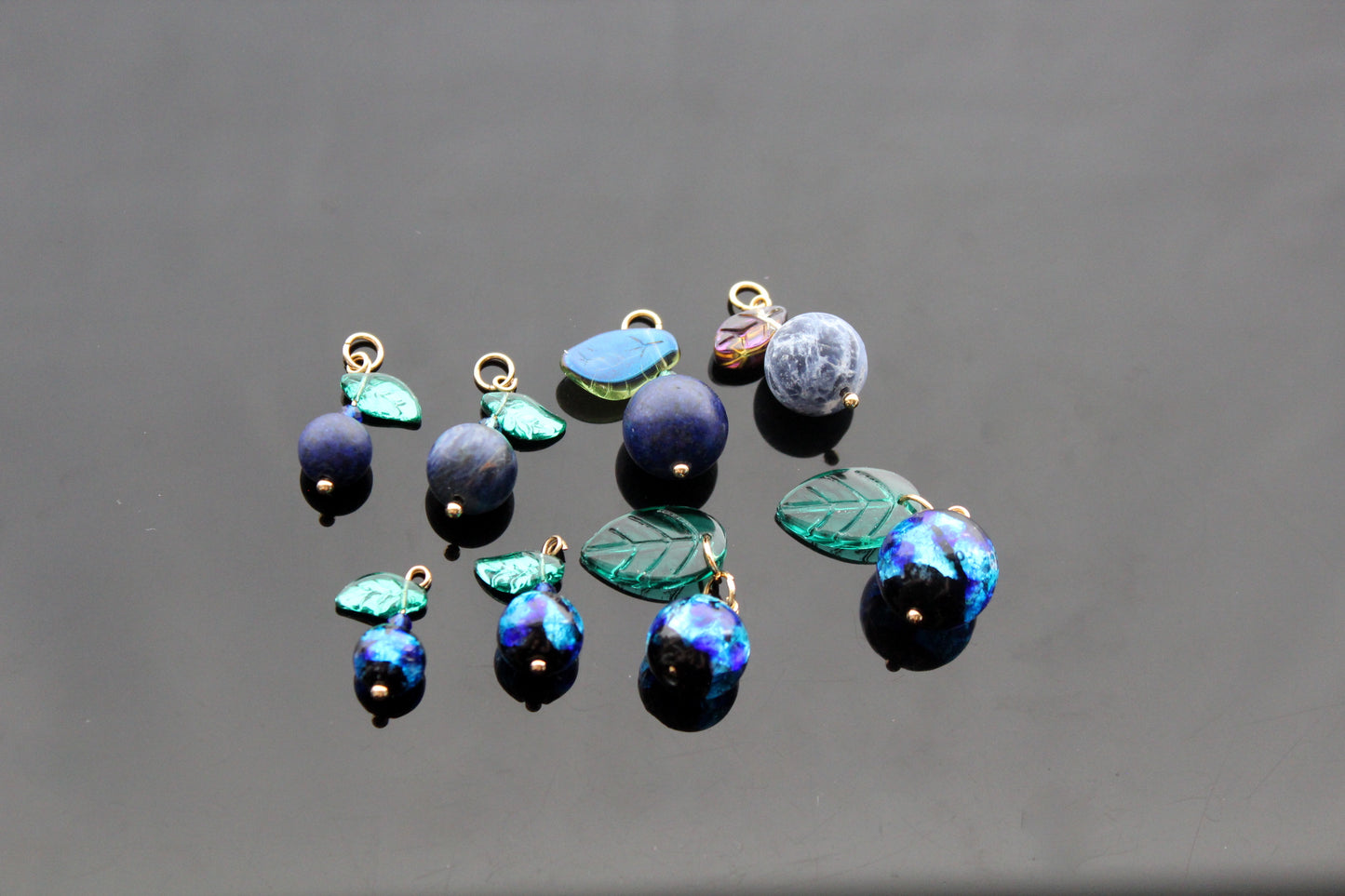 Murano Glass Blueberry charms for jewelry making with silver and gold hooks and glass leaves