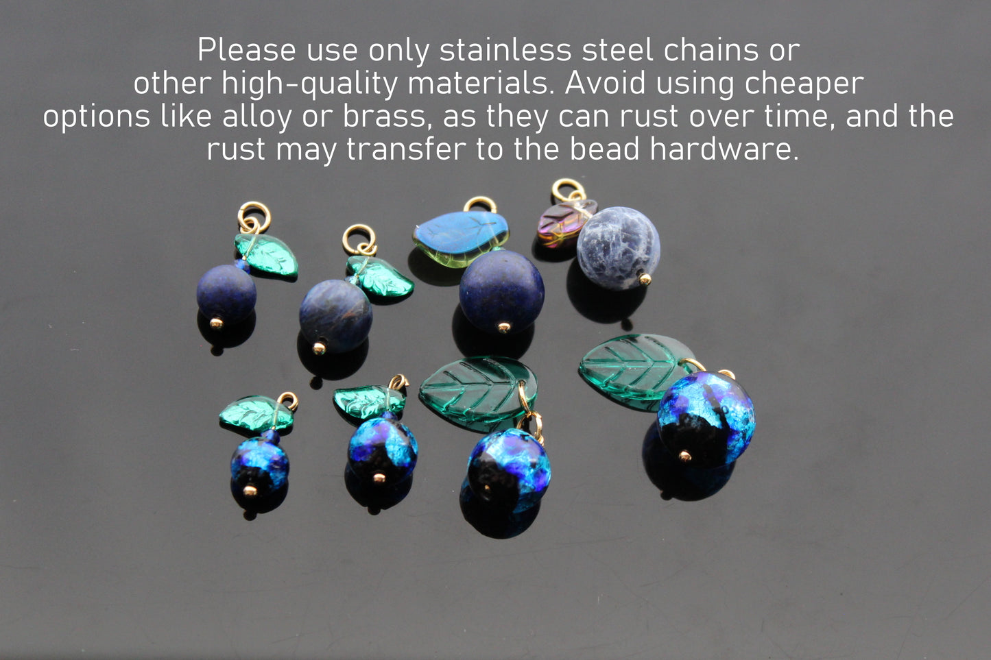 Murano Glass Blueberry charms for jewelry making with silver and gold hooks and glass leaves