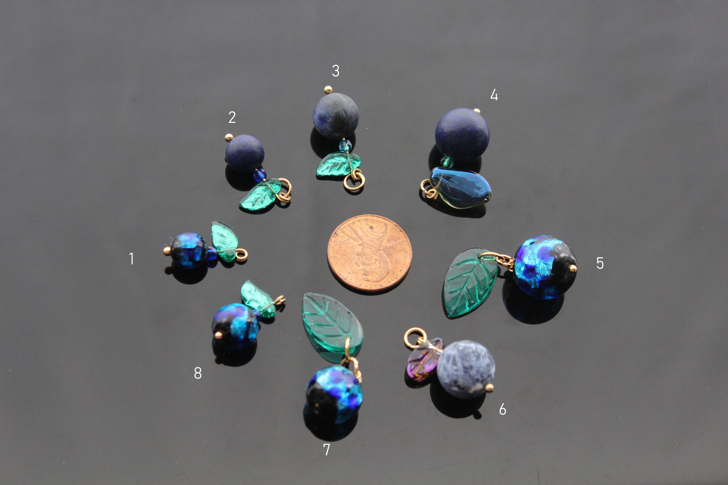 Murano Glass Blueberry charms for jewelry making with silver and gold hooks and glass leaves