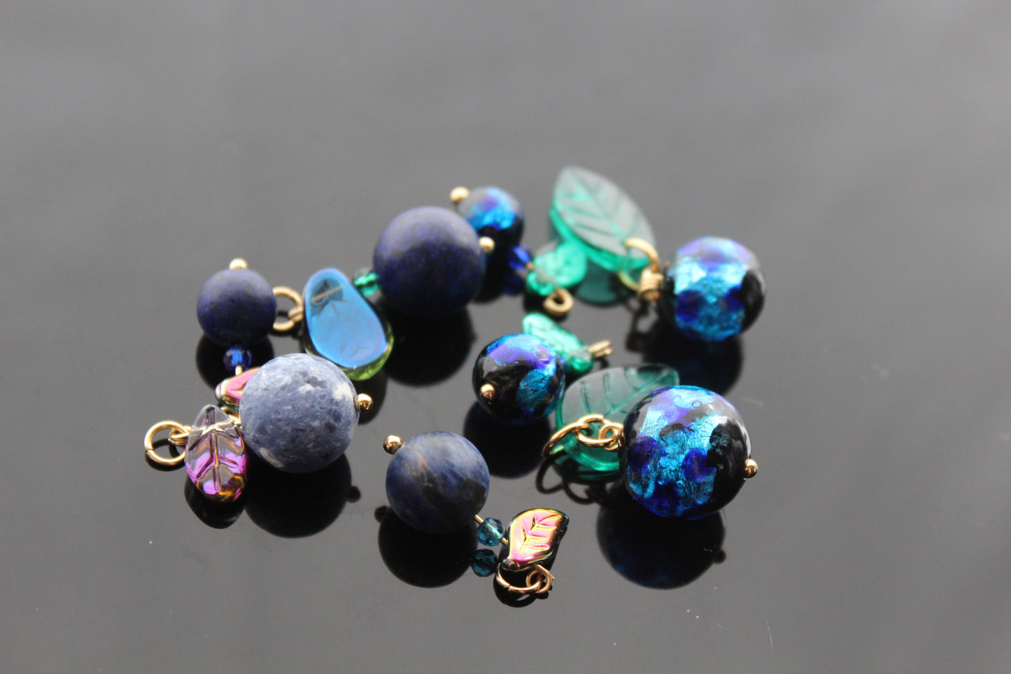 Murano Glass Blueberry charms for jewelry making with silver and gold hooks and glass leaves