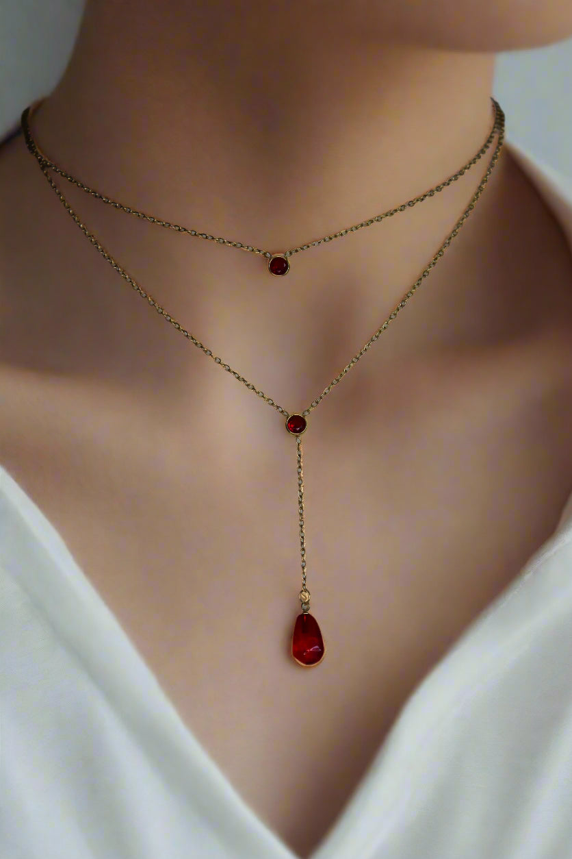 Glass pomegranate seed Y shape layered necklace
