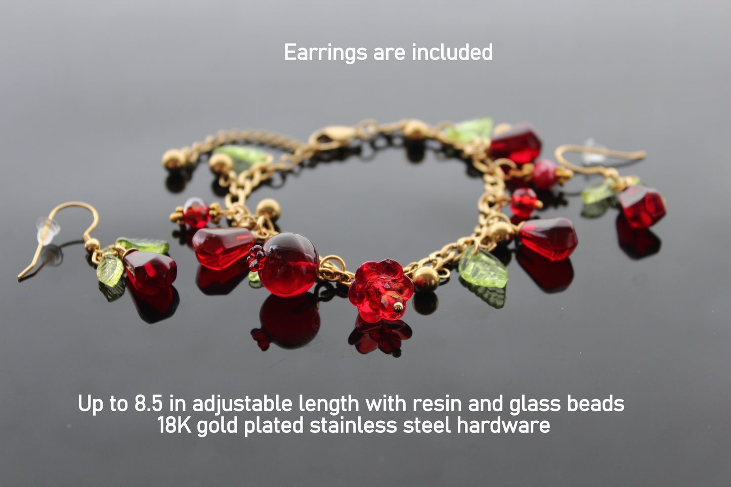 18K gold plated handmade stainless still pomegranate bracelet with resin beads