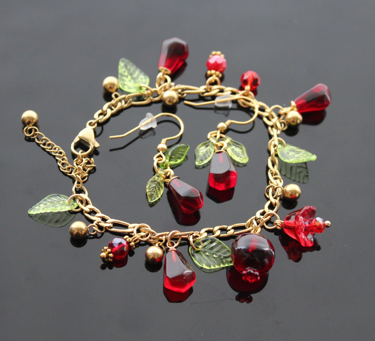 18K gold plated handmade stainless still pomegranate bracelet with resin beads