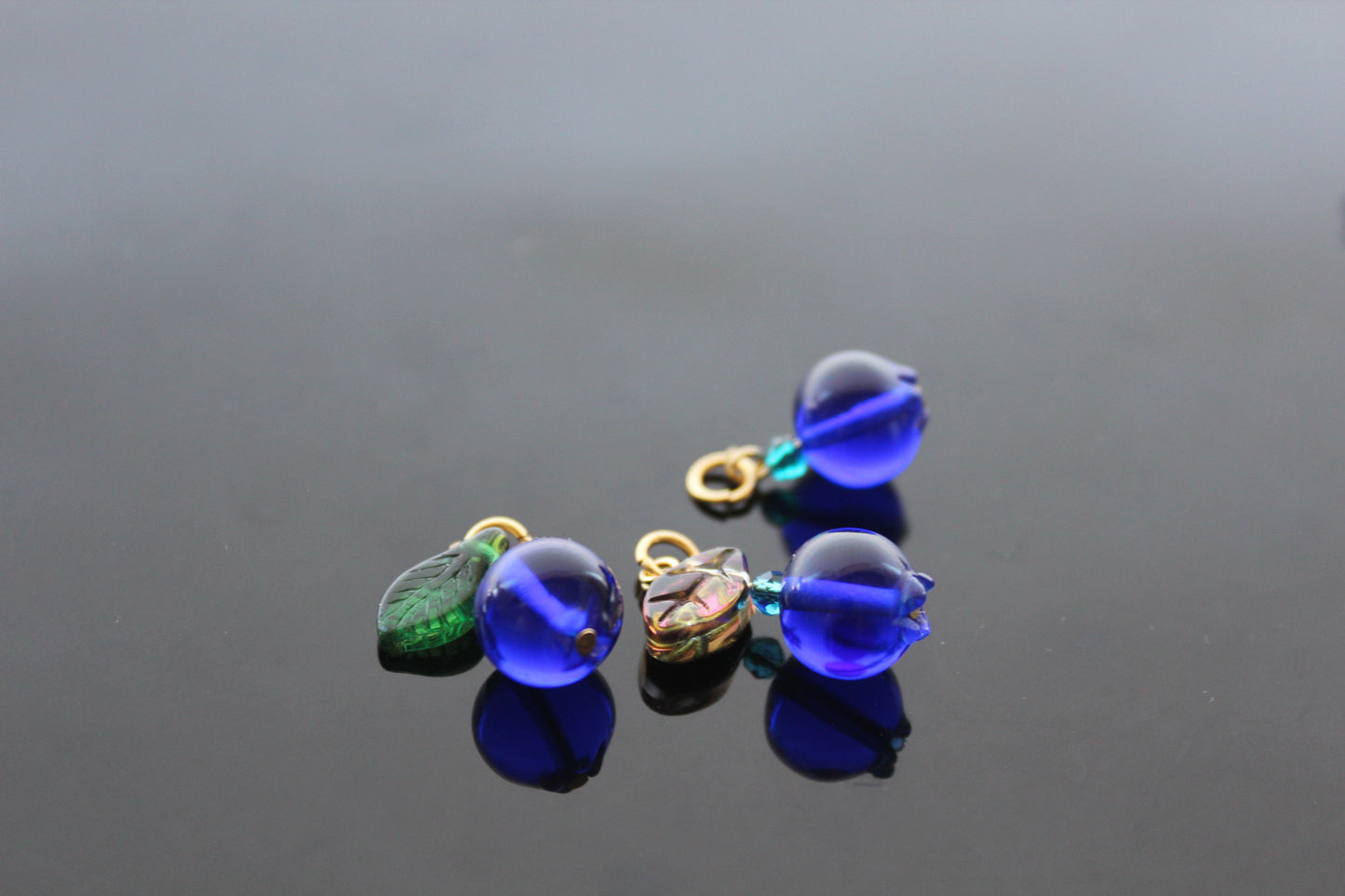 Glass Blueberry charms for jewelry making with silver and gold hooks and glass leaves