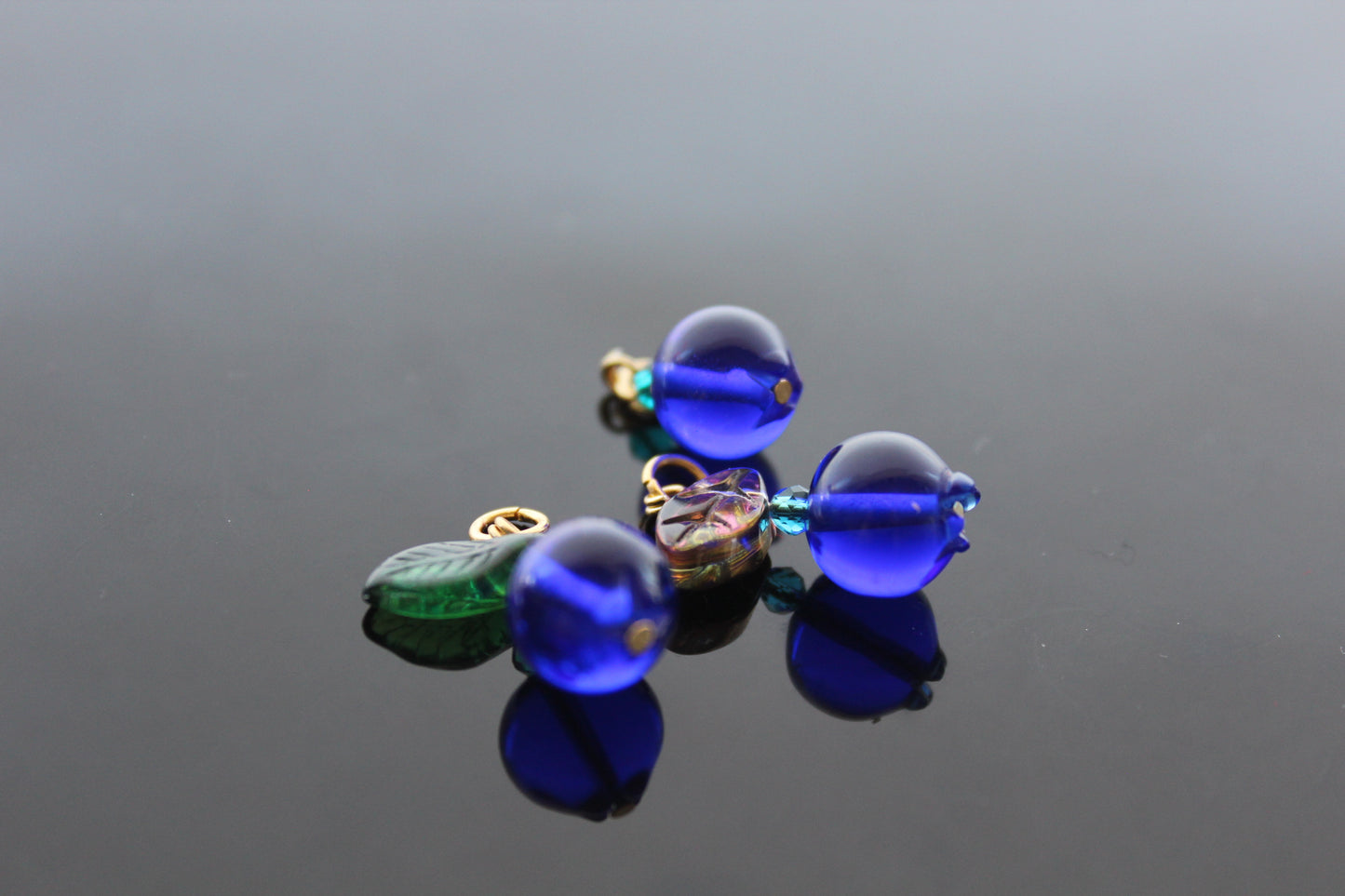 Glass Blueberry charms for jewelry making with silver and gold hooks and glass leaves