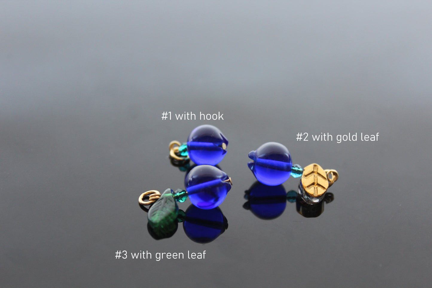 Glass Blueberry charms for jewelry making with silver and gold hooks and glass leaves