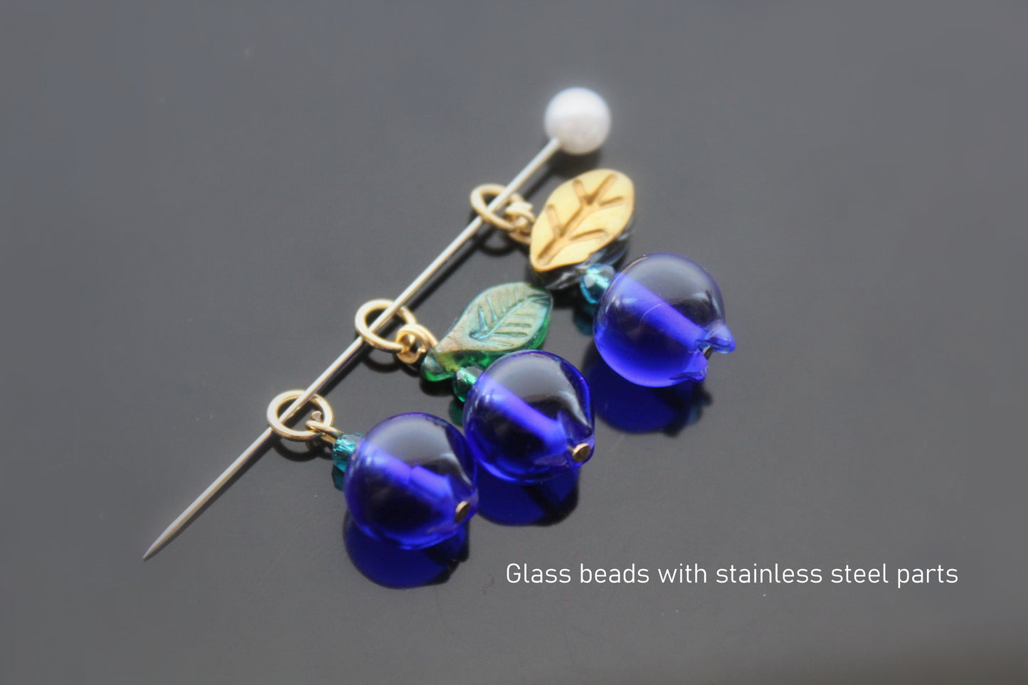 Glass Blueberry charms for jewelry making with silver and gold hooks and glass leaves