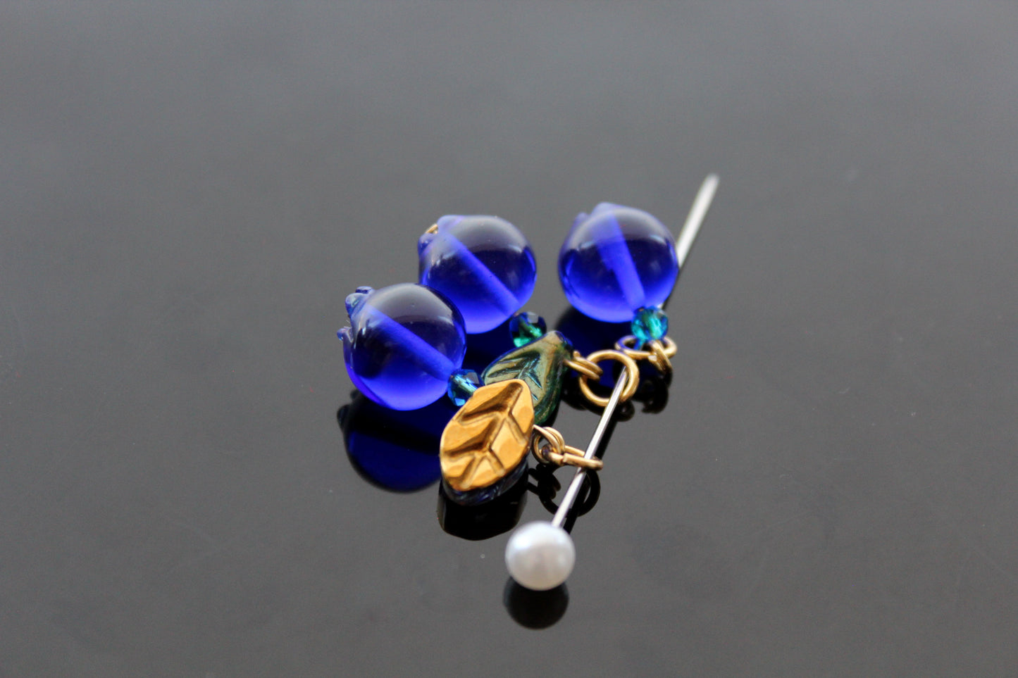 Glass Blueberry charms for jewelry making with silver and gold hooks and glass leaves