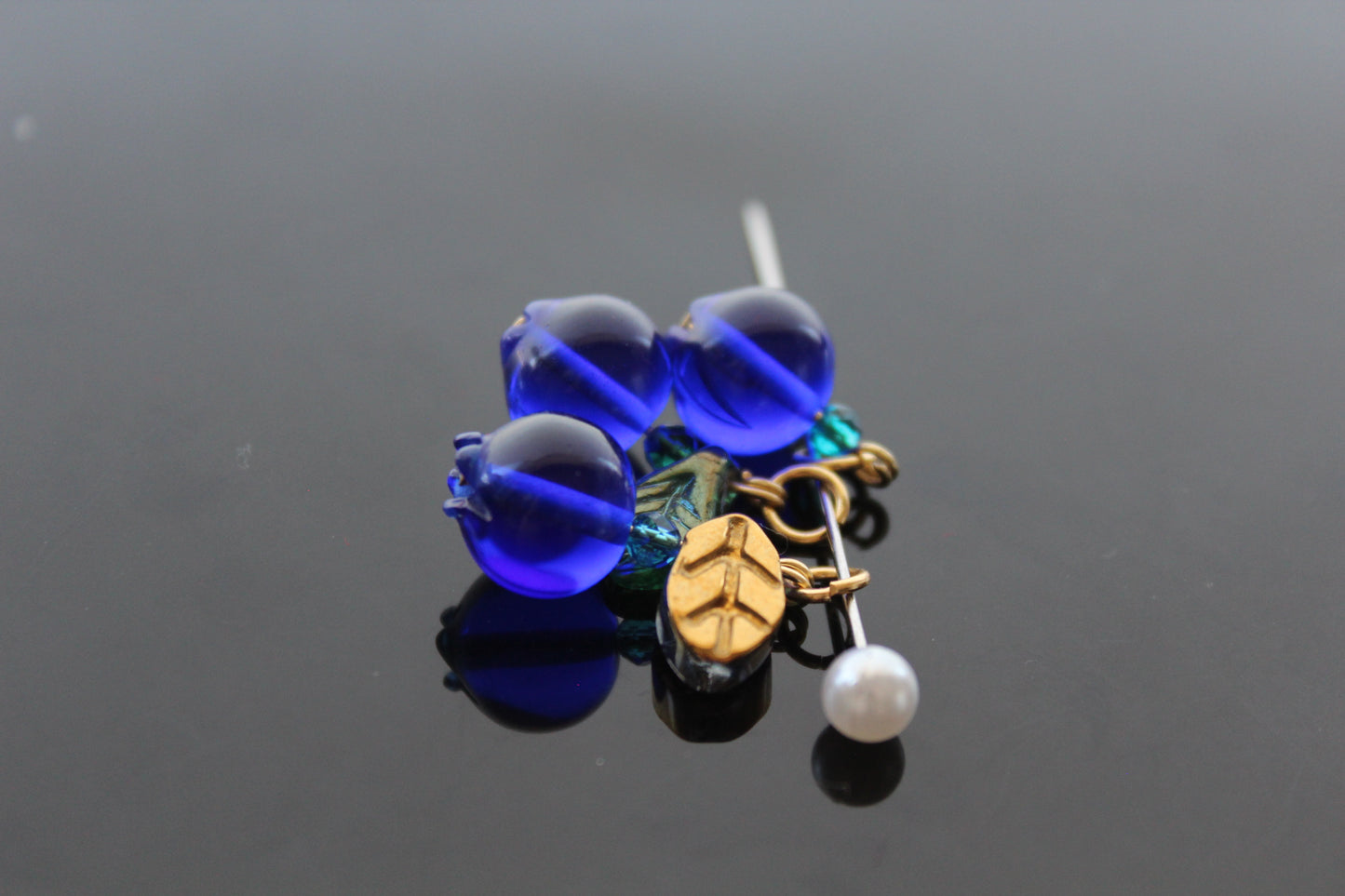 Glass Blueberry charms for jewelry making with silver and gold hooks and glass leaves