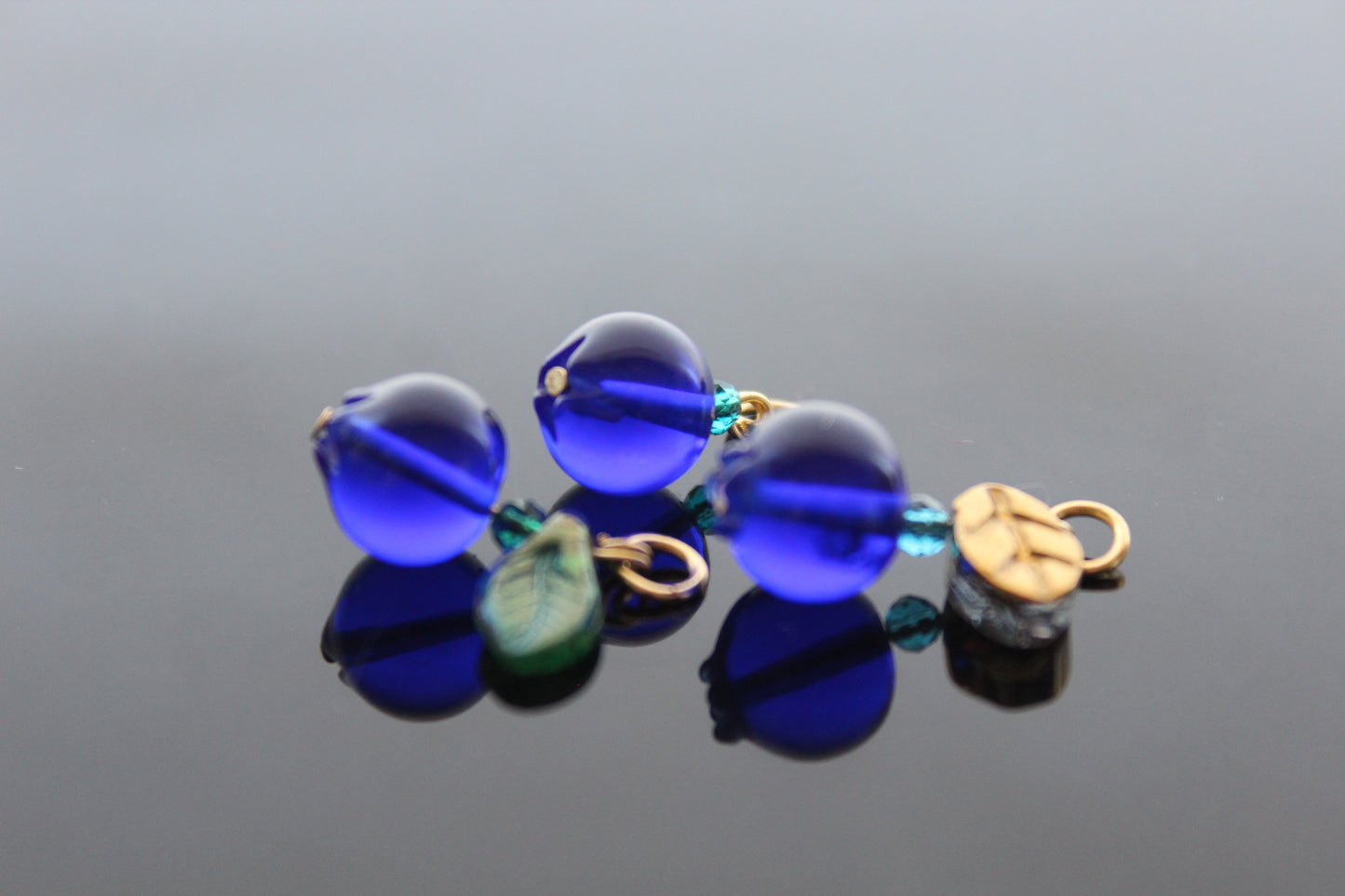 Glass Blueberry charms for jewelry making with silver and gold hooks and glass leaves
