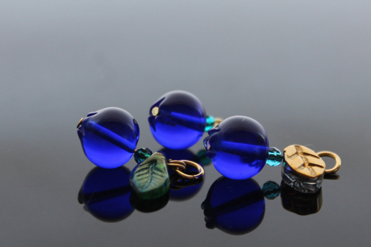 Glass Blueberry charms for jewelry making with silver and gold hooks and glass leaves