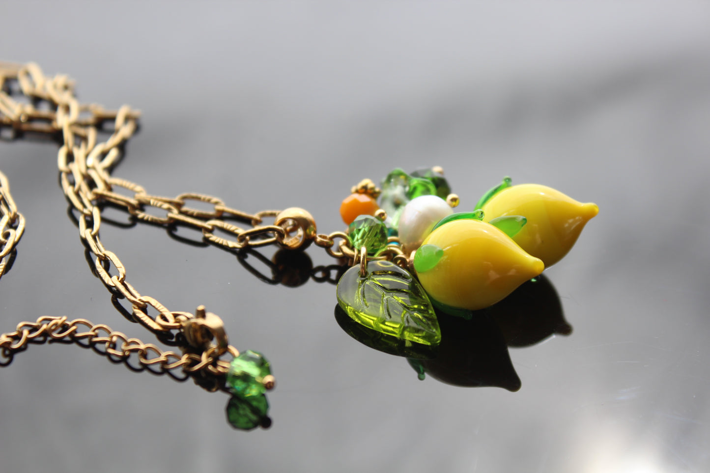 Hand Made Glass Lemon Necklace with Gold Hardware