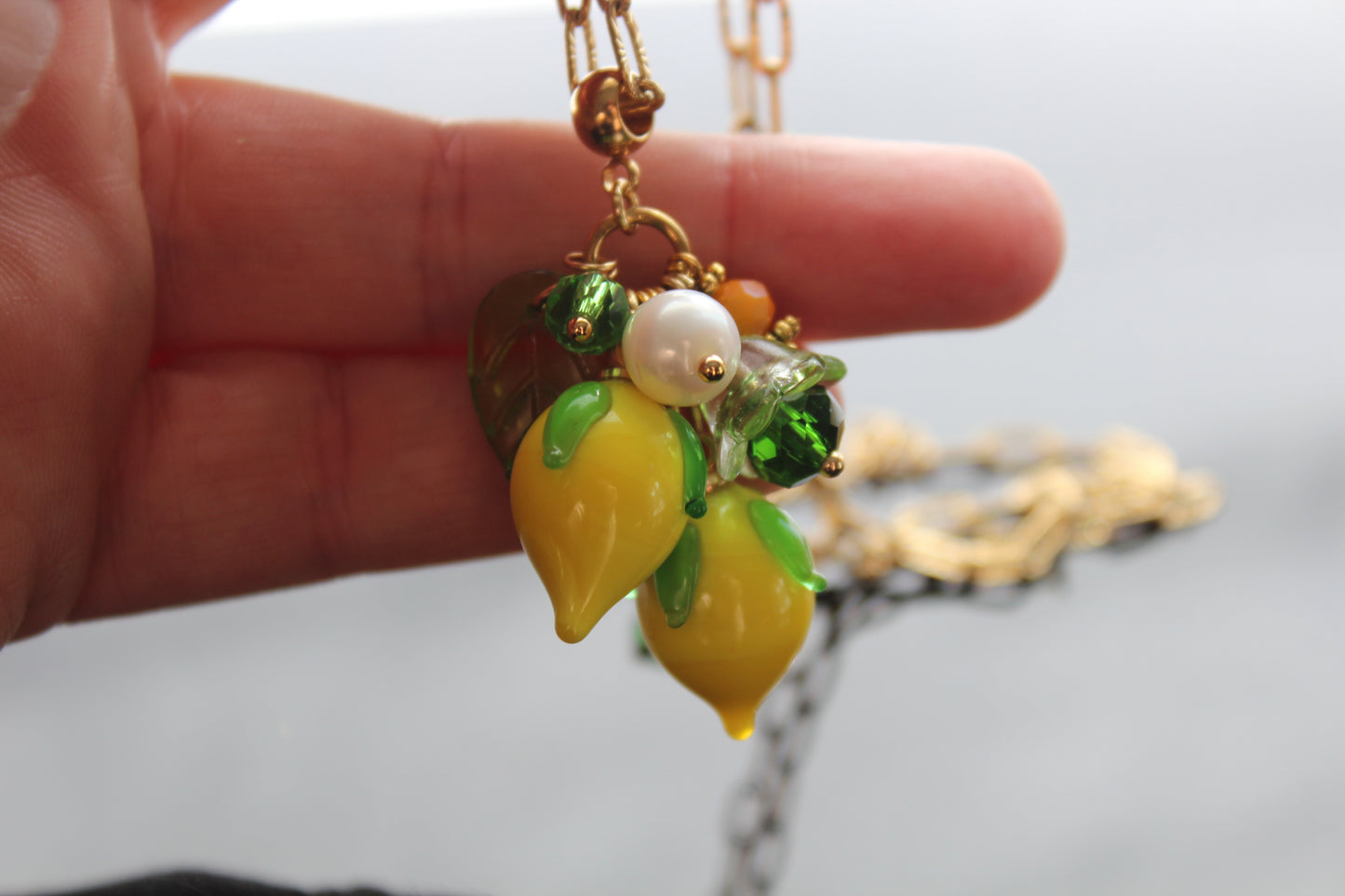 Hand Made Glass Lemon Necklace with Gold Hardware