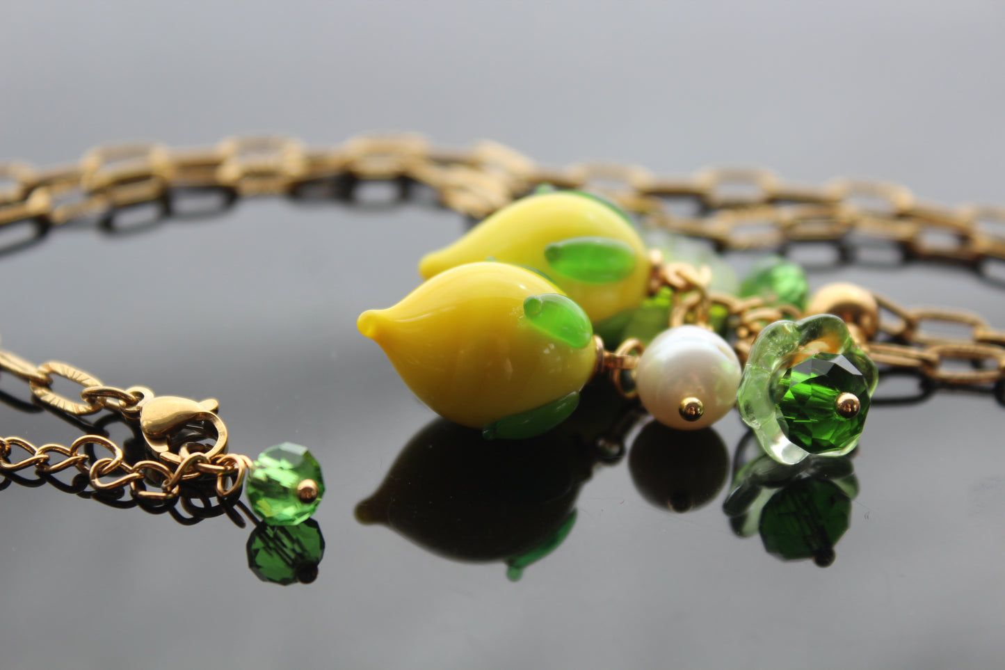 Hand Made Glass Lemon Necklace with Gold Hardware